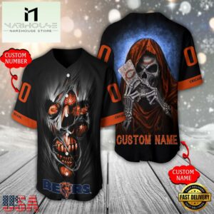 Personalized Name And Number Chicago Bears NFL Team Skull Death Baseball Jersey Shirt