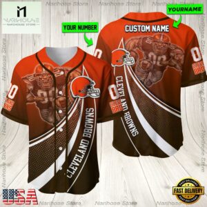 Personalized Name And Number Cleveland Browns NFL Mascot Football Baseball Jersey Shirt