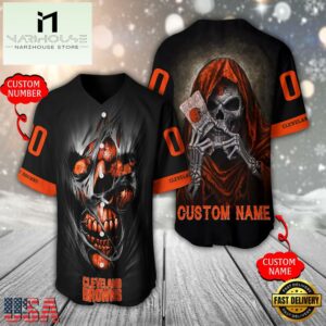 Personalized Name And Number Cleveland Browns NFL Team Skull Death Baseball Jersey Shirt