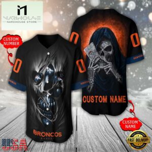 Personalized Name And Number Denver Broncos NFL Team Skull Death Baseball Jersey Shirt