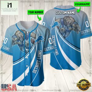 Personalized Name And Number Detroit Lions NFL Mascot Football Baseball Jersey Shirt