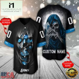 Personalized Name And Number Detroit Lions NFL Team Skull Death Baseball Jersey Shirt