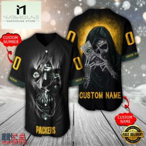 Personalized Name And Number Green Bay Packers NFL Team Skull Death Baseball Jersey Shirt