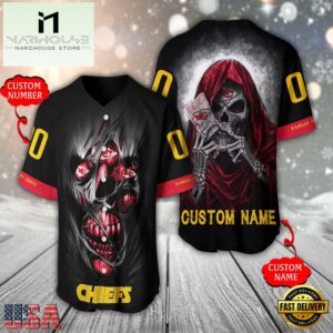 Personalized Name And Number Kansas City Chiefs NFL Team Skull Death Baseball Jersey Shirt