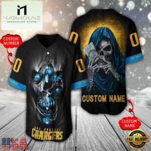 Personalized Name And Number Los Angeles Chargers NFL Team Skull Death Baseball Jersey Shirt