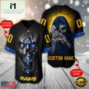Personalized Name And Number Los Angeles Rams NFL Team Skull Death Baseball Jersey Shirt