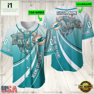 Personalized Name And Number Miami Dolphins NFL Mascot Football Baseball Jersey Shirt