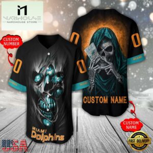 Personalized Name And Number Miami Dolphins NFL Team Skull Death Baseball Jersey Shirt