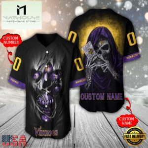 Personalized Name And Number Minnesota Vikings NFL Team Skull Death Baseball Jersey Shirt