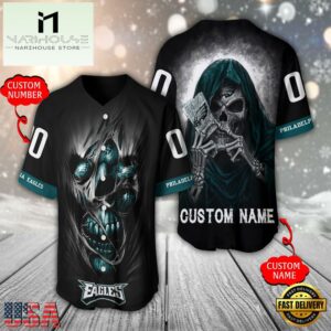 Personalized Name And Number Philadelphia Eagles NFL Team Skull Death Baseball Jersey Shirt