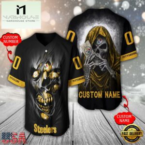 Personalized Name And Number Pittsburgh Steelers NFL Team Skull Death Baseball Jersey Shirt