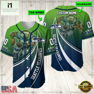 Personalized Name And Number Seattle Seahawks NFL Mascot Football Baseball Jersey Shirt