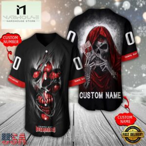 Personalized Name And Number Tampa Bay Buccaneers NFL Team Skull Death Baseball Jersey Shirt