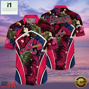 MLB Atlanta Braves Flower Tropical Aloha Hawaiian Button Down Shirt