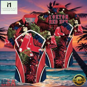 MLB Boston Red Sox Flower Tropical Aloha Hawaiian Button Down Shirt