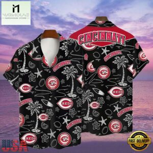 MLB Cincinnati Reds Tropical Palms Black Aloha Hawaiian Shirt