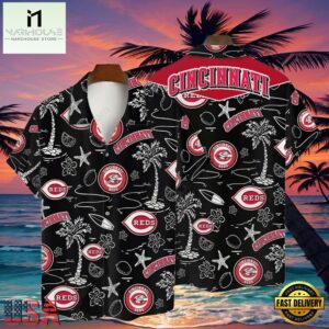 MLB Cincinnati Reds Tropical Palms Black Aloha Hawaiian Shirt