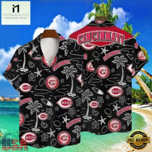 MLB Cincinnati Reds Tropical Palms Black Aloha Hawaiian Shirt