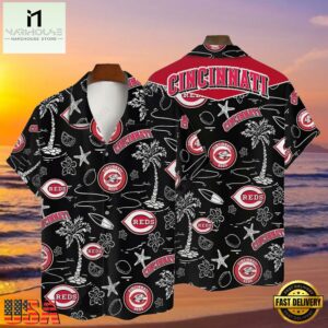 MLB Cincinnati Reds Tropical Palms Black Aloha Hawaiian Shirt