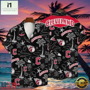 MLB Cleveland Guardians Tropical Palms Black Hot Summer Hawaiian Shirt
