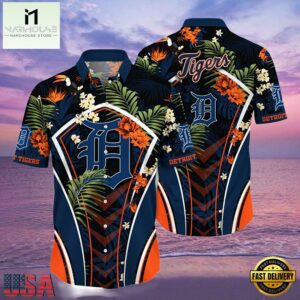 MLB Detroit Tigers Flower Tropical Hot Summer Hawaiian Button Down Shirt
