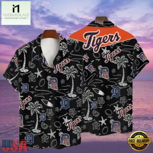 MLB Detroit Tigers Tropical Palms Black Hot Summer Hawaiian Shirt