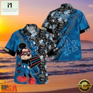 MLB LA Dodgers With Mickey Mouse And Tropical Flowers Aloha Hawaiian Shirt.jpg 1Group
