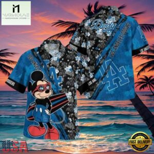 MLB LA Dodgers With Mickey Mouse And Tropical Flowers Aloha Hawaiian Shirt.jpg 1Group