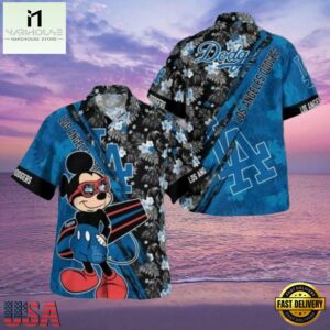 MLB LA Dodgers With Mickey Mouse And Tropical Flowers Aloha Hawaiian Shirt.jpg 1Group