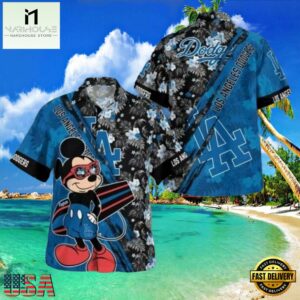 MLB LA Dodgers With Mickey Mouse And Tropical Flowers Aloha Hawaiian Shirt.jpg 1Group