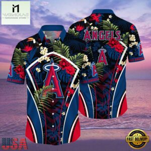 MLB Los Angeles Angels Flower Tropical Hot Summer Hawaiian Button Down Shirt