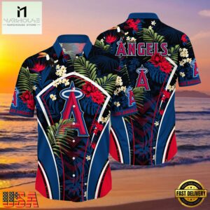 MLB Los Angeles Angels Flower Tropical Hot Summer Hawaiian Button Down Shirt