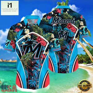 MLB Miami Marlins Flower Tropical Hot Summer Hawaiian Button Down Shirt