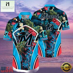 MLB Miami Marlins Flower Tropical Hot Summer Hawaiian Button Down Shirt