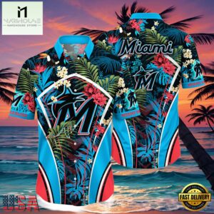 MLB Miami Marlins Flower Tropical Hot Summer Hawaiian Button Down Shirt