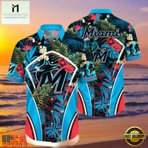 MLB Miami Marlins Flower Tropical Hot Summer Hawaiian Button Down Shirt