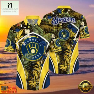 MLB Milwaukee Brewers Tropical Palms Black Hot Summer Hawaiian Shirt