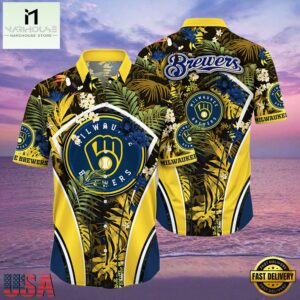 MLB Milwaukee Brewers Tropical Palms Black Hot Summer Hawaiian Shirt