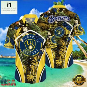 MLB Milwaukee Brewers Tropical Palms Black Hot Summer Hawaiian Shirt
