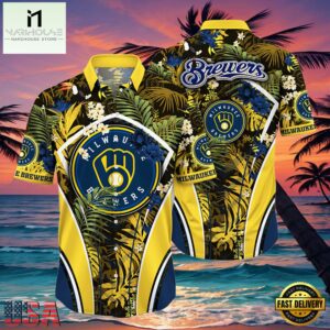 MLB Milwaukee Brewers Tropical Palms Black Hot Summer Hawaiian Shirt
