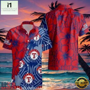 MLB Red And Blue Texas Rangers Emblem Hot Summer Hawaiian Shirt â€“ Tropical Vibes Edition