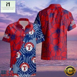 MLB Red And Blue Texas Rangers Emblem Hot Summer Hawaiian Shirt â€“ Tropical Vibes Edition