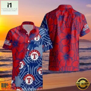 MLB Red And Blue Texas Rangers Emblem Hot Summer Hawaiian Shirt â€“ Tropical Vibes Edition