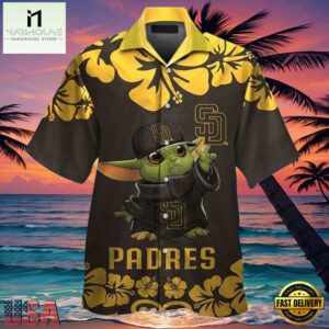 MLB San Diego Padres Aloha Hawaiian Shirt With Baby Yoda And Hibiscus Motif.jpg 1Group