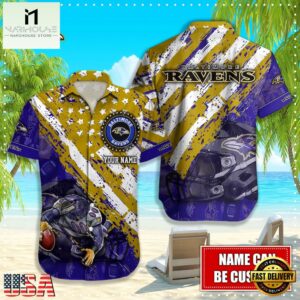 NFL Baltimore Ravens Football American Flag Mascot Custom Name Hawaiian Shirt