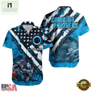 NFL Carolina Panthers Football American Flag Mascot Custom Name Hawaiian Shirt