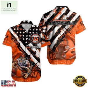 NFL Cincinnati Bengals Football American Flag Mascot Custom Name Hawaiian Shirt