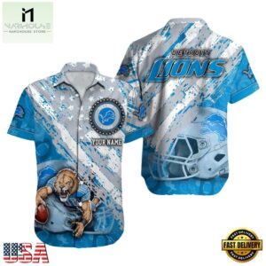 NFL Detroit Lions Football American Flag Mascot Custom Name Hawaiian Shirt