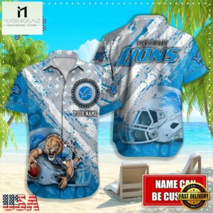 NFL Detroit Lions Football American Flag Mascot Custom Name Hawaiian Shirt