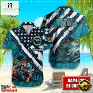 NFL Jacksonville Jaguars Football American Flag Mascot Custom Name Hawaiian Shirt